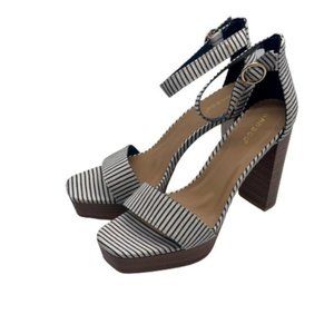 Bamboo Canvas Ankle Strap Stripe Block Platform Heel Sandals Shoes Blue Cream 10
